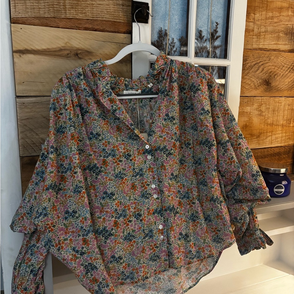 Doen Gray and Blue Boxy Blouse with Mandarin Collar